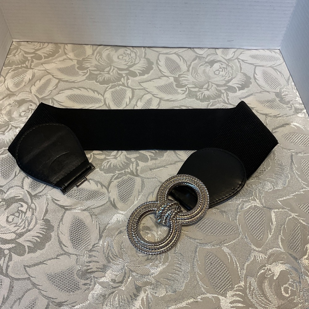 Unbranded Elastic Cinch Belt Womens M Black Excellent Silver Double Ring Buckle - Picture 4 of 7